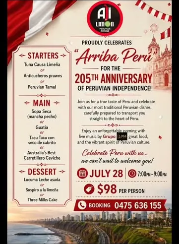 Arriba Perú dinner menu for Peruvian Independence Day with live music by Grupo Lima