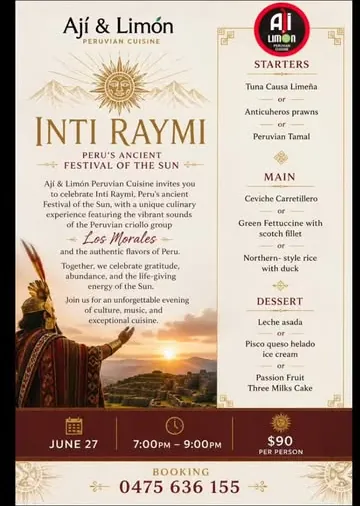 Inti Raymi, Festival of the Sun dinner menu with the criollo group Los Morales